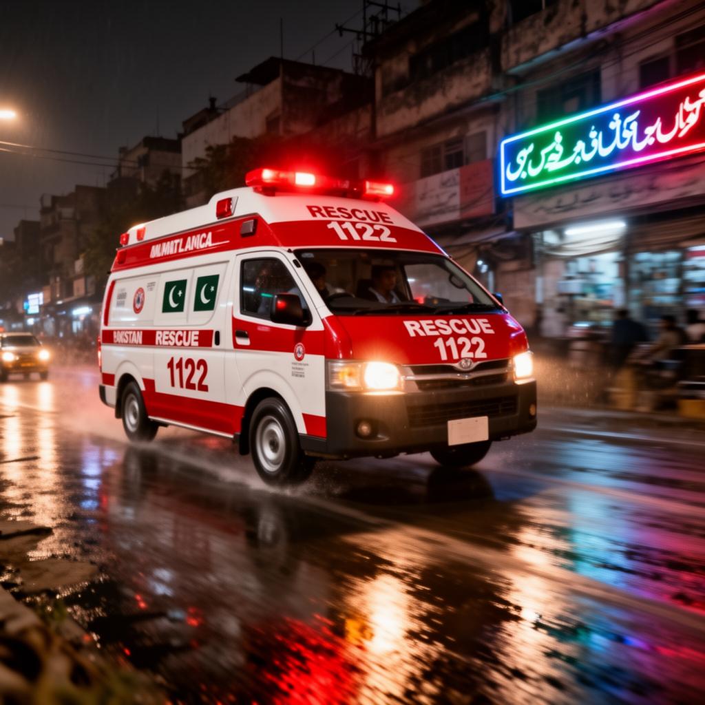 Pakistani Rescue 1122 ambulance speeding through a wet street at night