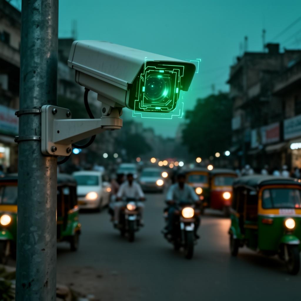 CCTV camera over a Pakistani street with rickshaws and motorbikes
