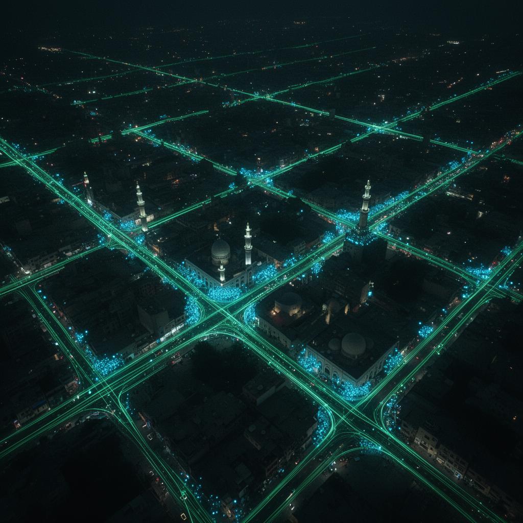 Aerial view of a Pakistani city street grid lit up with detection nodes