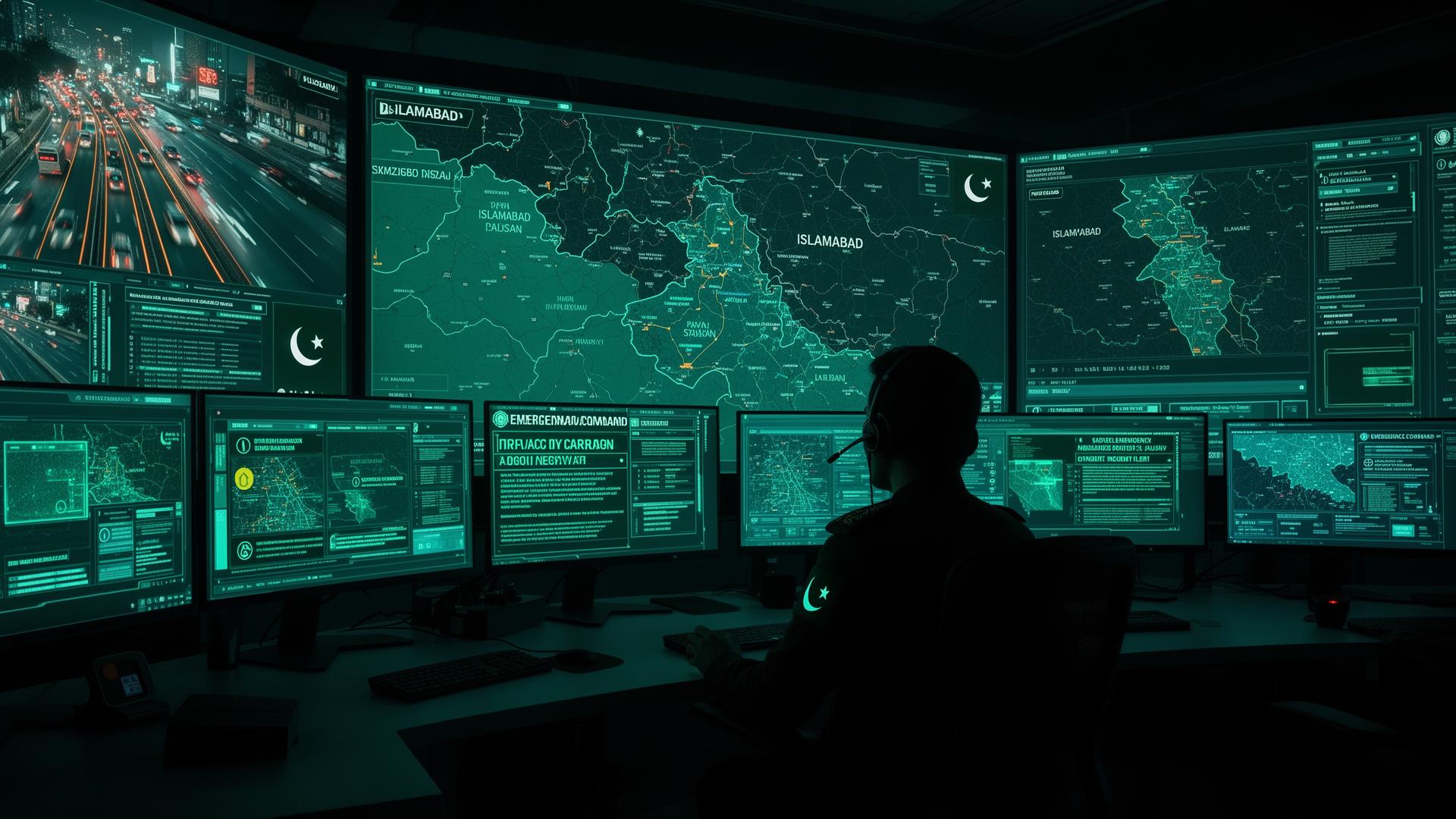 Pakistani emergency command center with maps and live feeds