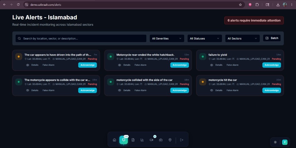 SafeRaah demo: live alerts grid for Islamabad with acknowledge and filters