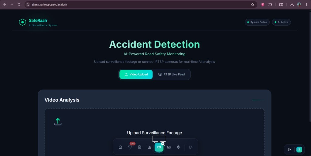 SafeRaah demo: accident detection upload and RTSP live feed entry