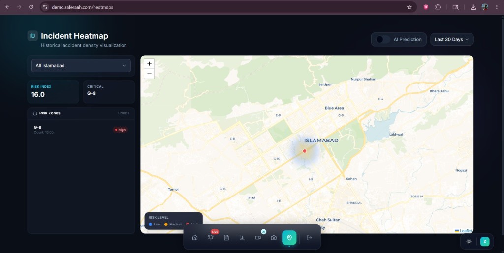 SafeRaah demo: incident heatmap with risk zones on Islamabad map
