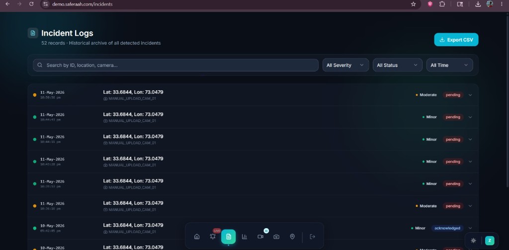 SafeRaah demo: incident logs with search, severity, and export