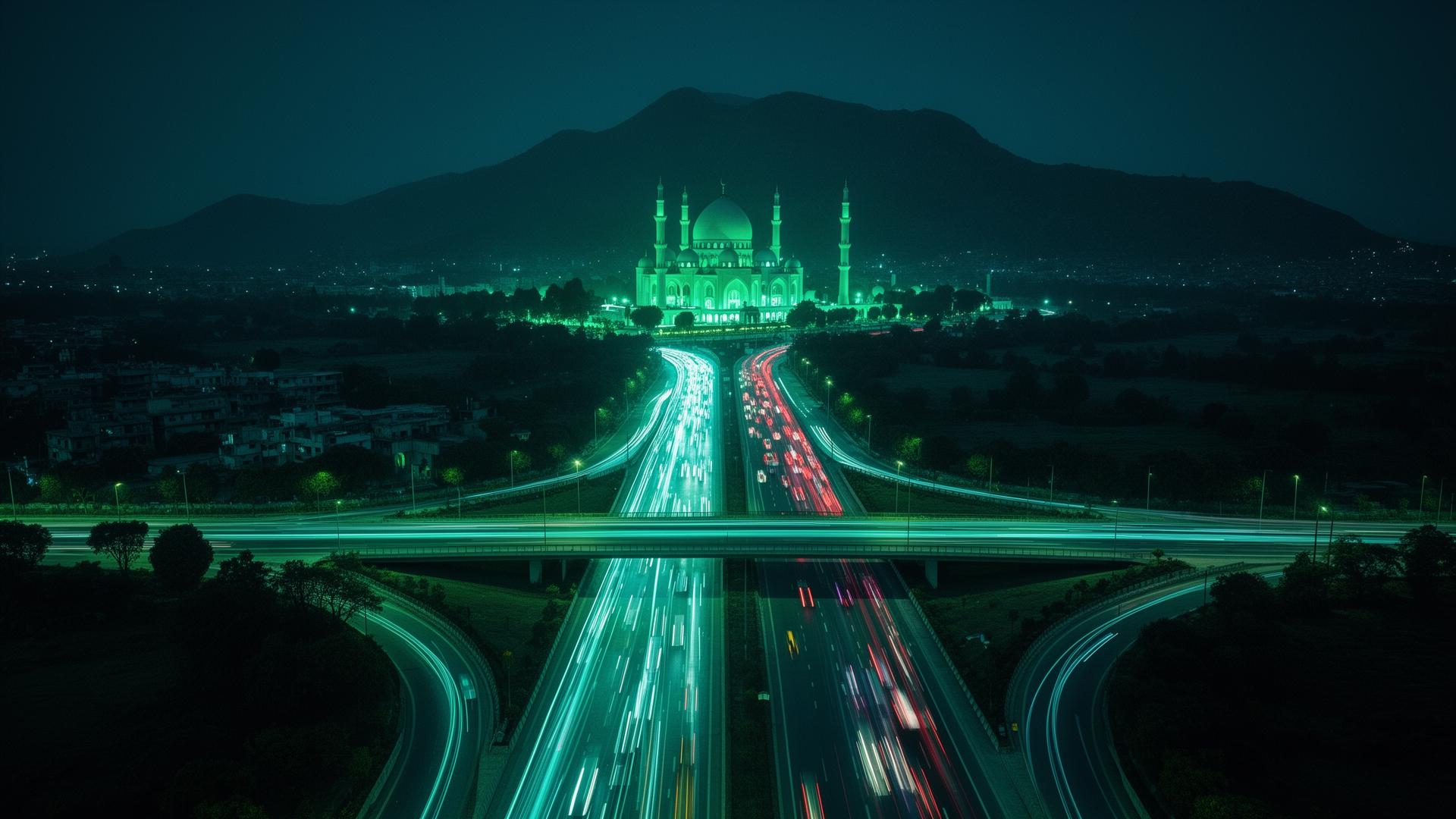 Aerial night view of an Islamabad motorway interchange with glowing traffic light trails and Faisal Mosque silhouette